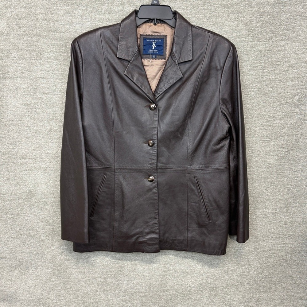 VTG Women's Leather Blazer Brown 3- Button Coat Jacket Soft Size 16 US or 50 EU